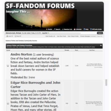 A screen capture of the mobile version of the SF-Fandom forums home page.